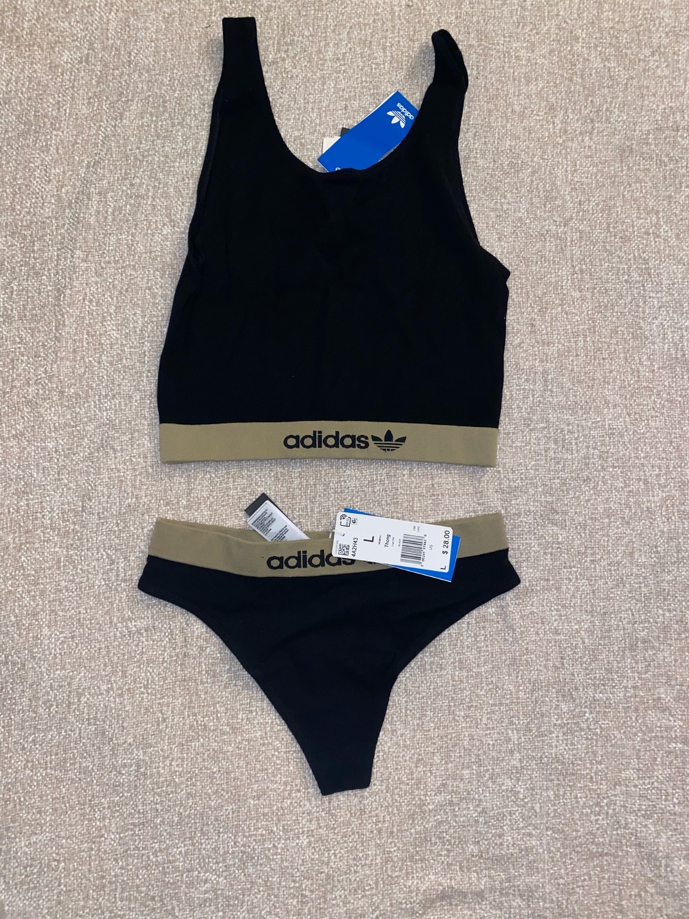 NWT Adidas Originals Ribbed Modern Flex Brami & Thong Matching Set - Black/Tan L